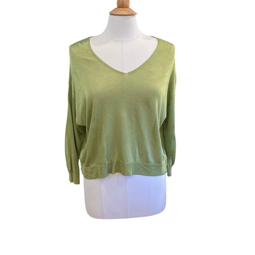 MNG Mango Chartreuse Green V-Neck Drop Shoulder Cropped Long Sleeve Sweater, M
